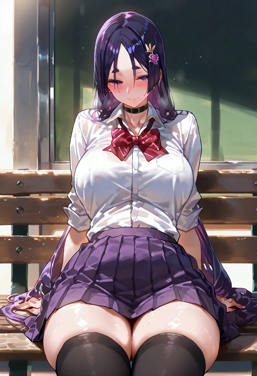 (best quality, 4k, master part :1.3), ((idol)), beautiful woman, Ultra-detailed face, Detailed lips, full lips, Detailed eyes, Double eyelidm, smooth skin, (large breasts:1.4), cyan and purple hair, pleated skirt, white shirt, leaning on a wooden table, Japanese city background in the background, drinking bubble tea, looking at you, japan street background, sitting in a cafe