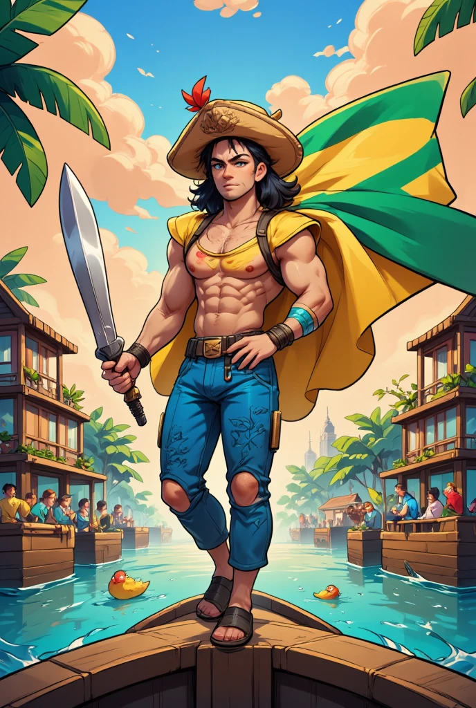 IMG_7231.CR2: (Masterpiece), (ultra-detailed, 8k quality), (vibrant colors), (anime character design), (One Piece style), (pirate captain), (samba aesthetic), (feathered hat), (exotic background), (macaw), (berimbau sword), (joyful expression), (tropical jungle), (dynamic pose), (monkey crew), (golden sunlight), (high contrast), (well-defined shadows), (3-point perspective).
A dynamic, anime-inspired character representing the country of Brazil, crafted in the art style of One Piece. The character is portrayed as an energetic pirate captain, with wild curly hair, wearing a vibrant feathered hat that echoes Carnival aesthetics. His outfit is a fusion of traditional samba dancer elements and rugged pirate gear: a sleeveless shirt with colorful patterns inspired by Brazilian motifs, armbands of woven beads, and pants patched with jungle leaf designs.
The character has playful eyes and a wide, mischievous grin, embodying the joy and rhythm of Brazil. He wields a berimbau-shaped sword, combining martial arts with combat, and carries a flag on his back like a cape, showing the Brazilian colors prominently. Surrounding him are bright macaws and capybaras acting as his quirky pirate crew.
The background depicts a lush tropical jungle merging into beachfront docks, with ships crafted from wood and leaves, and a skyline that hints at a distant Christ the Redeemer silhouette. The character is standing confidently on the bow of a ship, with golden sunlight illuminating his figure.