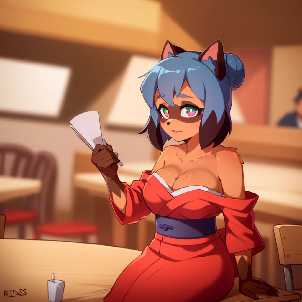 impastos, furry raccoon girl, 1girl, solo, (multicolored eyes), raccoon ears, two-tone hair, (high quality, best quality), body fur, animal nose, hair bun, (kimono), sitting at the table in a restaurant, front view, cleavage, big tail, Confident as a Queen, hot sexy, bitch, Bare shoulders and neck