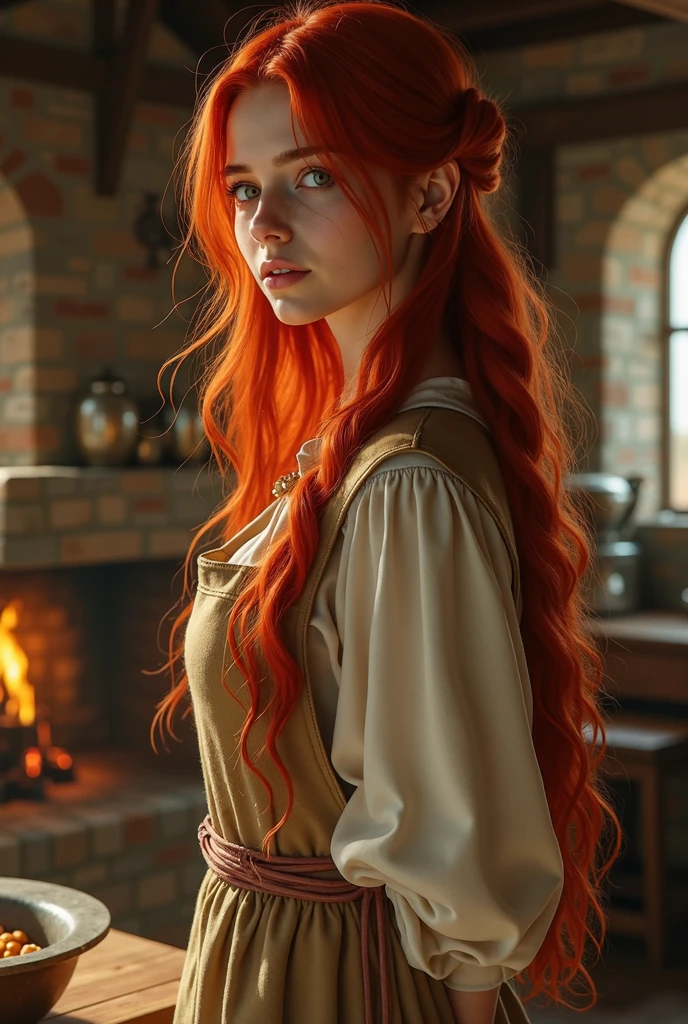 Beautiful young girl with long red hair, wearing medieval cook clothes .
