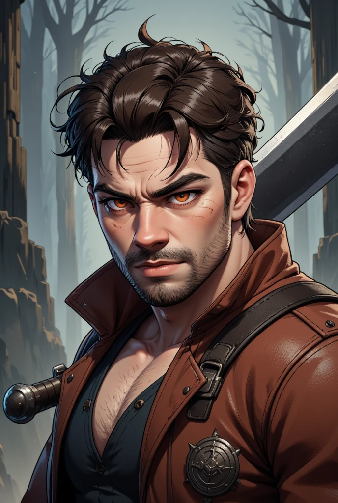 brunette hair, male, red eyes, Serious expression, Monster hunter style, Hand-held sword, Ruffian, high details