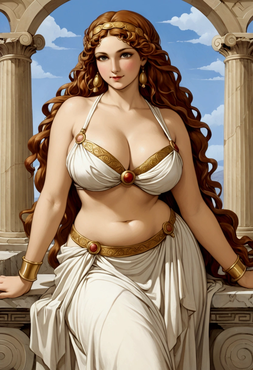 Hedone is described as woman, who is beautiful, voluptuous, and comely. She is the goddess of pleasure in Greek Mythology, wearing a Greek chitin that covers her breasts. Cleavage, midriff, 