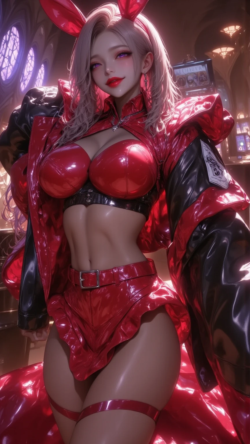 1 young, beautiful dark elf woman,(masterpiece:1.3, top quality :1.3, very detailed depiction:1.3, Incredibly Absurd High Definition :1.3),(shiny red latex bunny girl costume:1.5,Bunny ears, bodystocking , fishnet tights,Glamorous High Heels :1.5, gorgeous earrings , necklace,cuffs),( purple eyes, Crazy Eyes , half-closed eyes:1.3,Glossy lipstick, normal breasts,Curvaceous Body,Beautiful legs, healthy legs,High quality skin, brown skin:2.0),( bewitching smile:2.0, is opening her mouth,Put your finger over your mouth,Seductive gestures:2.0), full body image :1.3, standing:1.3, Viewpoint from Above :2.0, forward leaning position:2.0,Mysterious atmosphere,background:Inside the casino,