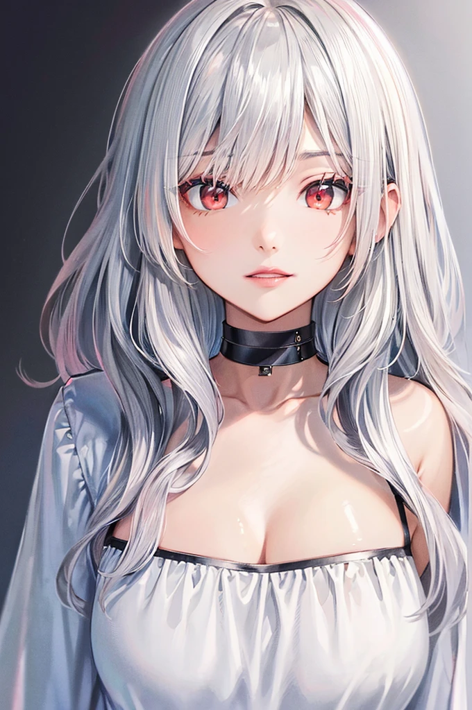 (Best quality at best,8K,A high resolution,tmasterpiece:1.2),Digital artwork, one girl, detailed face, detailed eyes, long dark silver and black ombre hair, grey eyes, deep red lip, beautiful, white t-shirt, black choker, hair has volume, tons of silver earings, pink and red eyes