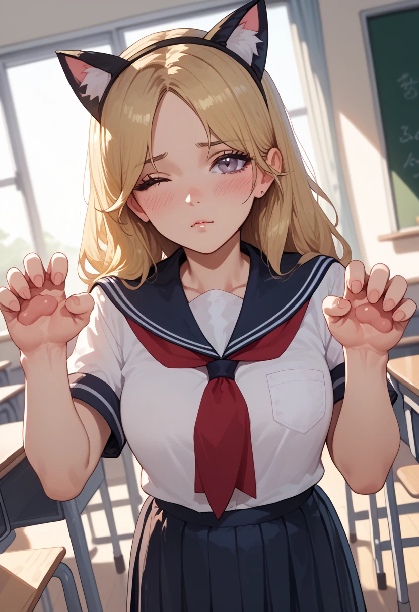 masterpiece,best quality,1girl,CythiaYoung,blonde hair,parted bangs,grey eyes,fake cat ears,school uniform,shy,blush,(one eye closed:0.8),looking at viewer,paw pose,classroom,dutch angle,