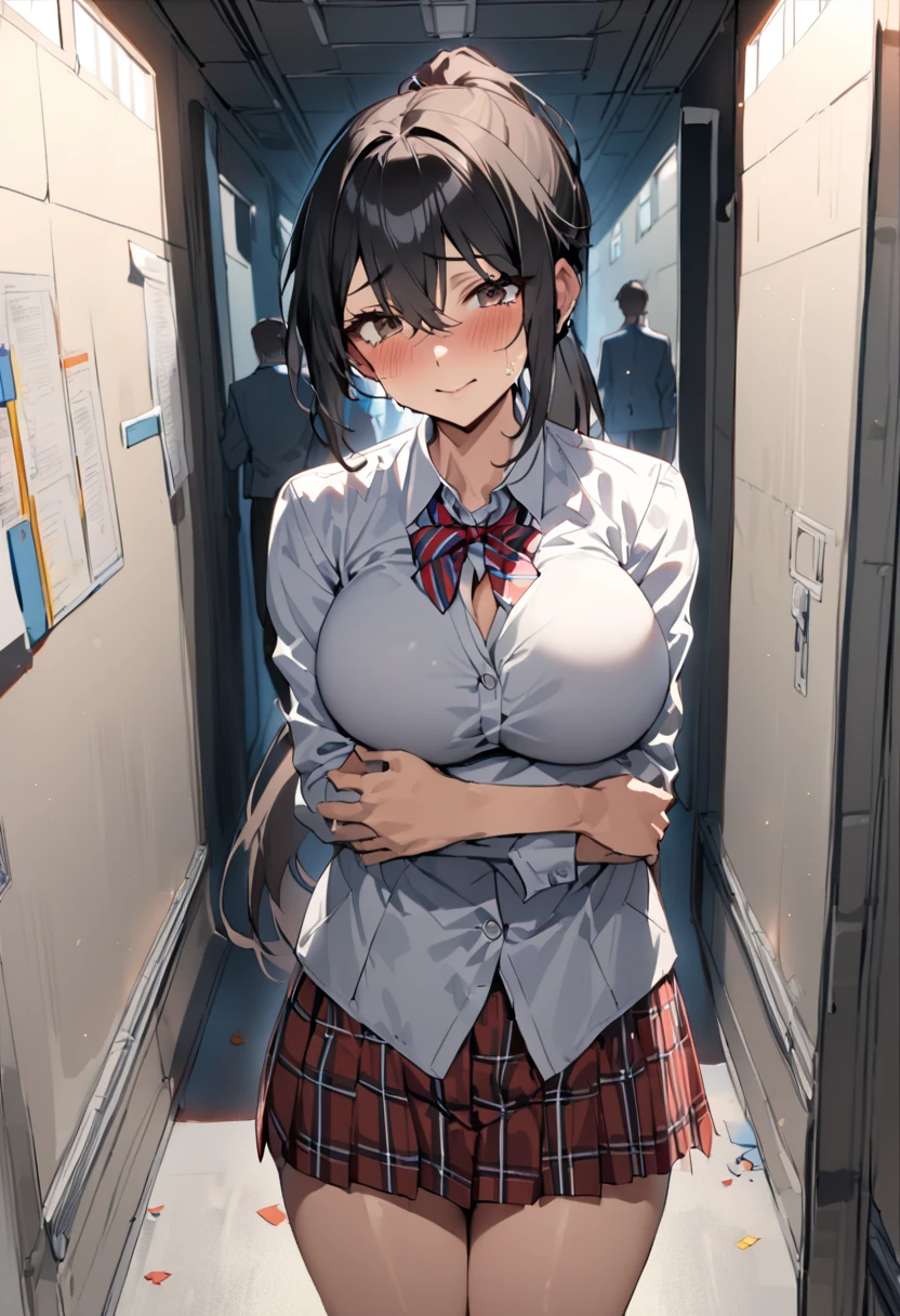 (((sweaty and stuffy all over)))、(((clothes get wet)))、Japanese、high school girl、school uniform、skirt、Expression full of fear、be frightened、A little chubby body type、white bra、big beautiful big breasts、My uniform is so tight that it looks like it&#39;s going to burst on my chest.、tangled short hairstyle、black hair、brown eyes、Background in the dark forest at night、sweat a lot、Clothes get wet and skin shows through、vapor、Pheromones are released、POV、Overflowing man juice
