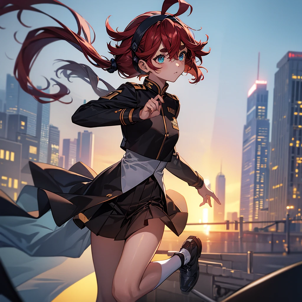 Top quality, full body, sulletamercury, sulleta mercury, ahoge, aqua eyes, black hairband, hair between eyes, hairband, long hair, low ponytail, red hair, swept bangs, thick eyebrows, BREAK asticassia school uniform, jacket, long sleeves, school uniform, white jacket,Hong Kong cityscape in the background