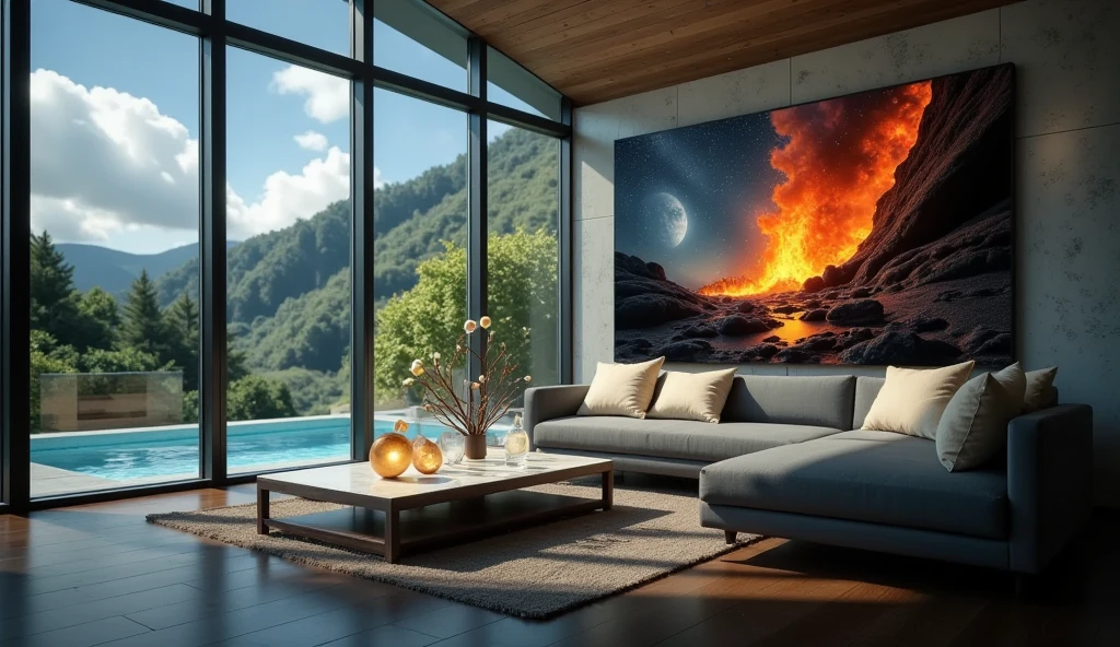 Create a photorealistic and cinematic image of a modern, luxurious living room with floor-to-ceiling glass windows showcasing a lush green landscape, a bright blue sky, and a turquoise swimming pool with modern patio furniture. The room features a sleek gray sectional sofa with cream cushions, a white marble coffee table decorated with a vase and minimalist ornaments, and polished wooden flooring reflecting soft natural light.

On the tall concrete wall, an ultra-large Micro LED TV displays a vivid volcanic landscape with glowing red lava against black rock textures under a starry night sky. The natural sunlight streaming through the windows casts soft shadows, contrasting with the TV's warm glow. Focus on realistic textures, natural light interplay, and reflective surfaces, balancing the serene outdoor view with the cozy, modern interior.