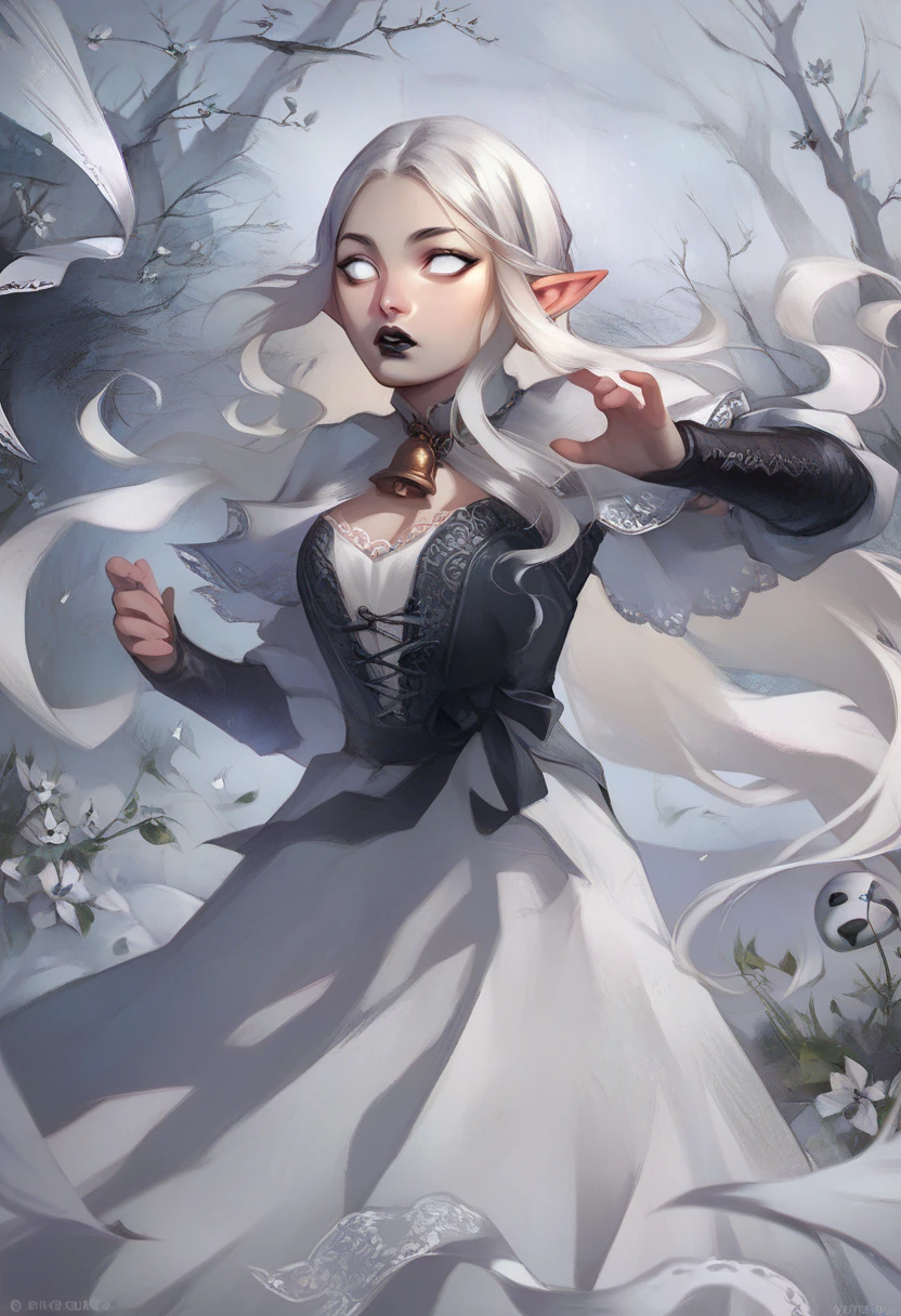 masterpiece, elf woman, solo,young, pale, (very long hair), very straight hair, white hair, black lipstick, white eyes, (white velvet lace dress), black eyebrows, in a snow dead cemetery garden, cute, closeup, expressionless, (long horns), evil, dynamic pose, big silver chains around, bells, 