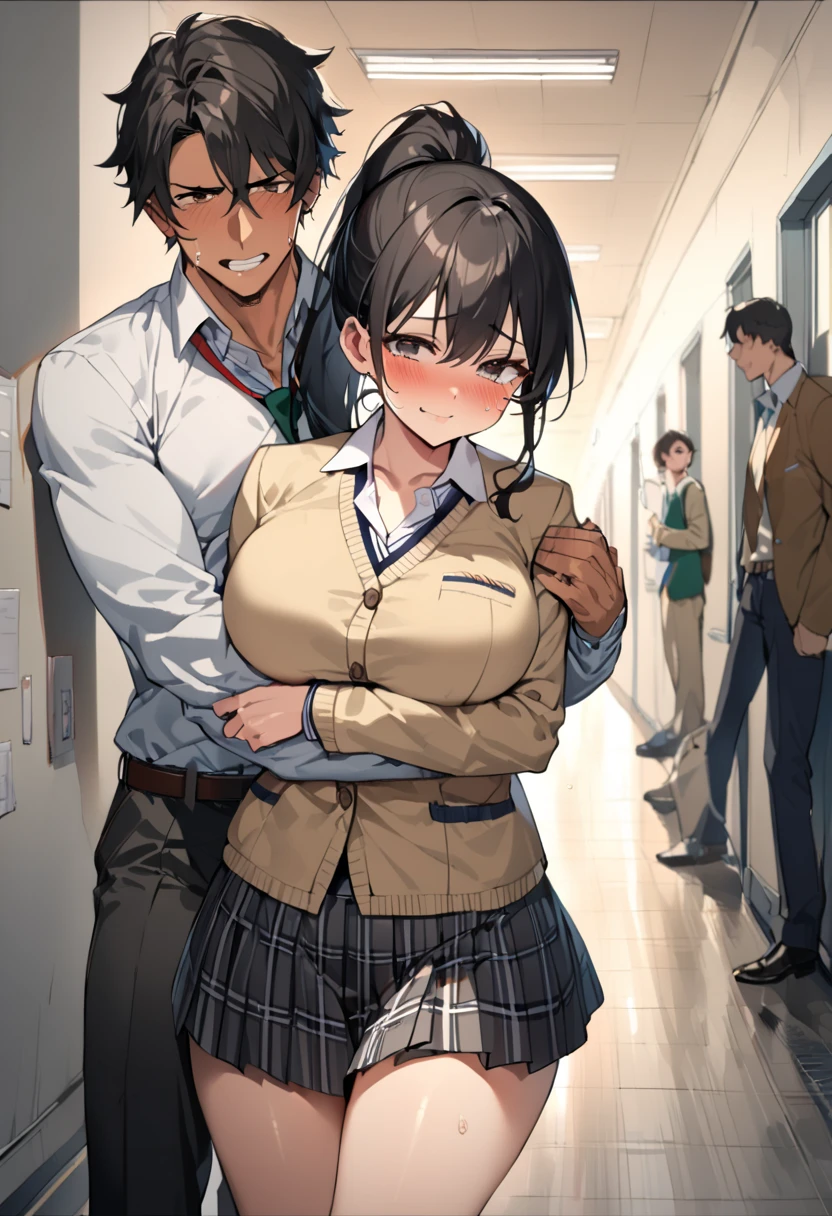 masutepiece, Best Quality, hight resolution, 1girl in,(a 18 year old girl), 6 Boy, (s), Classroom, Spread legs, sit a chair、hi-school girl、校服、(shame, blush, Crying, tearful, AHE Face、Opening Mouth、put out the tongue), (Girl is being held by a man: 0.3),Grab from behind、Chest grabbing、