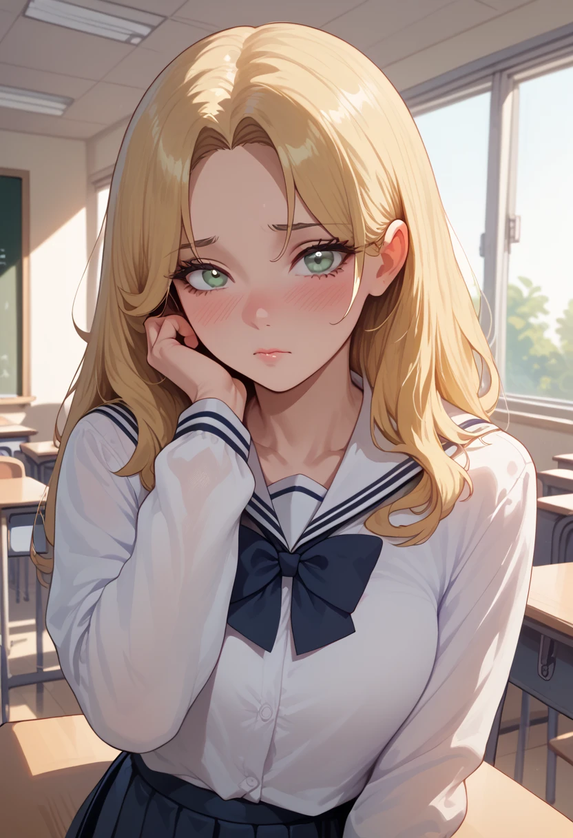 masterpiece,best quality,1girl,CythiaYoung,blonde hair,parted bangs,grey eyes,school uniform,shy,blush,looking at viewer,classroom,dutch angle,