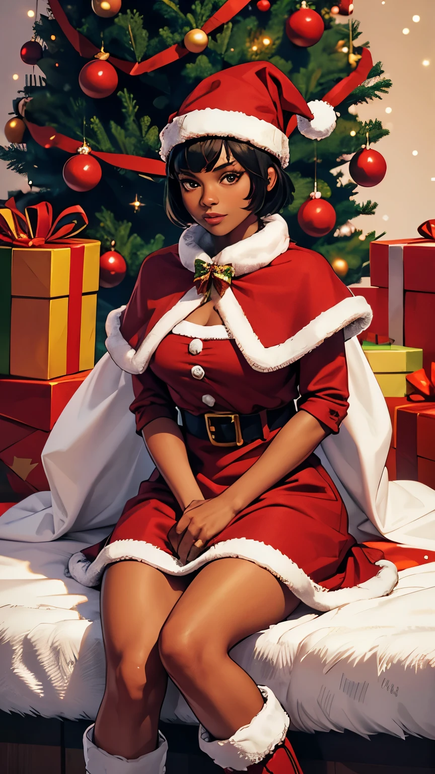 black girl dressed in Santa Claus jacket, upper body shot, J Scott Campbell style