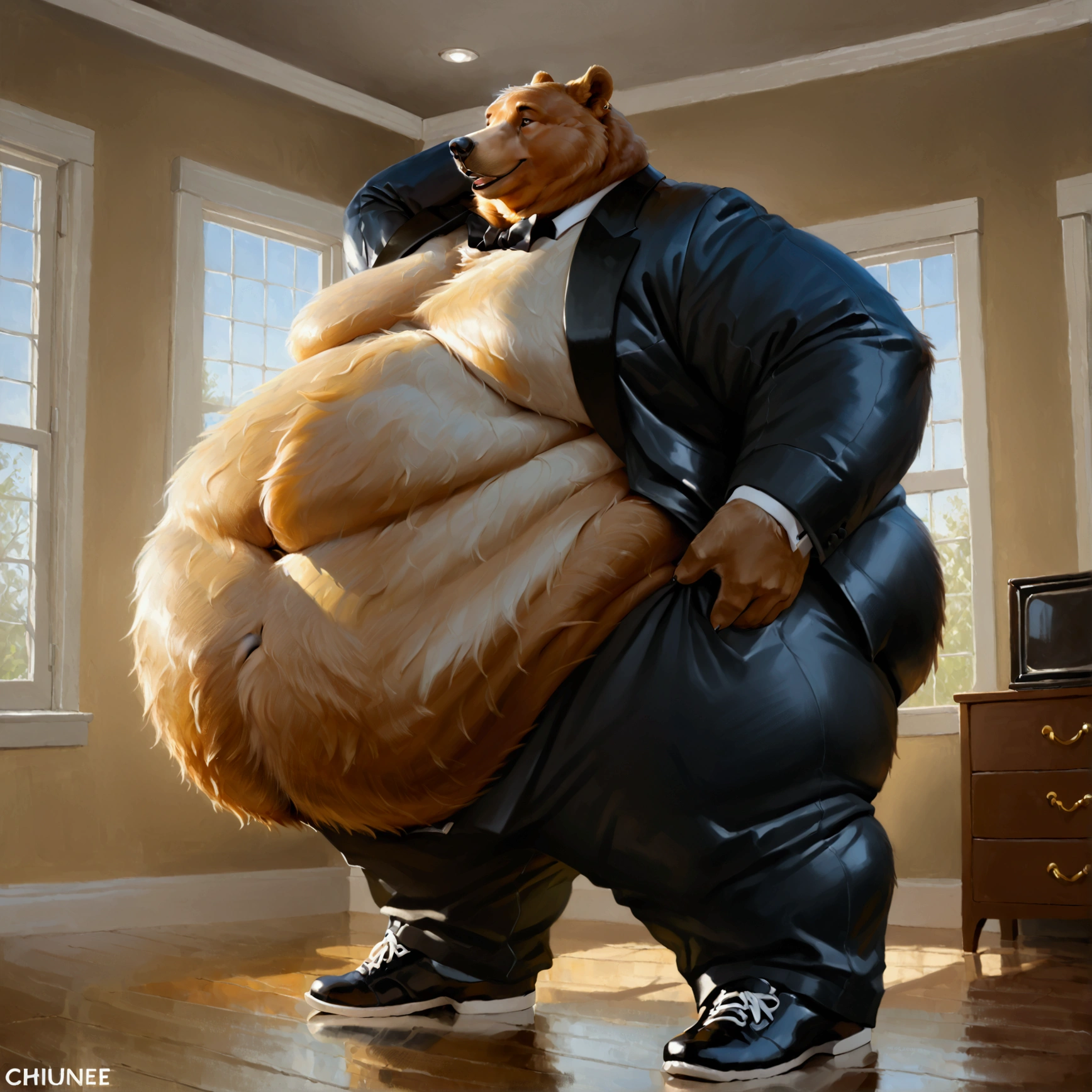 Single one-headed Very Extremely Morbidly-Obese Bear standing on two legs with unbelievably Very very very Extremely Massive Overhang white Belly, wears shoes, wears Full tuxedo Suit, massive belly, morning stretch, realistic proportions, wears full black pants, belly fills whole room, side view. 