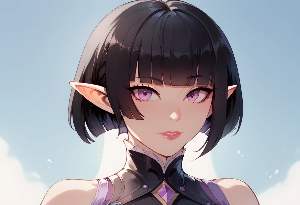 masterpiece, best quality, ultra-detailed, highres),black hair, purple eyes, short hair, blunt bangs, long pointy ears, 