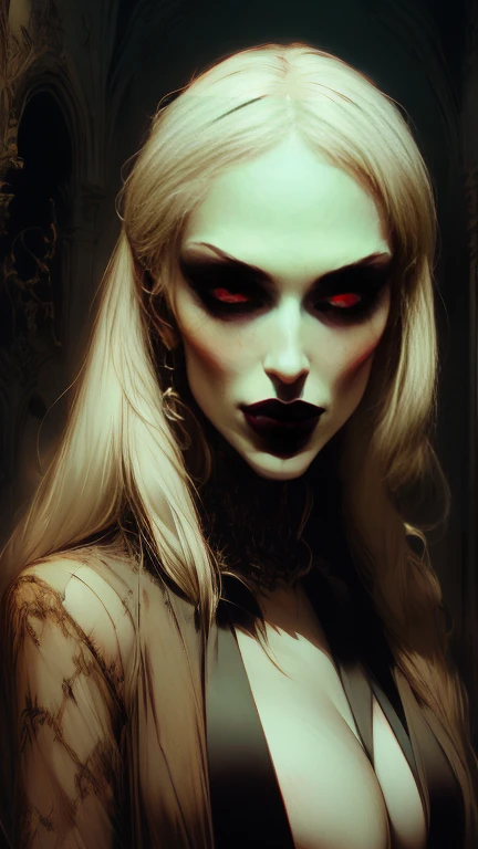 Vampire woman, sexy, seductive,  beautiful face , gothic face ,  sharp face  ,  delicate face  , Female face,  abundant white hair , Ojos rojos , delgado,  average breasts, elegant, ropa elegant,  full body , realistic look, sharp focus face  , realistic look texture,  Analog Style  ,  dim and changing lighting , atmospheric,