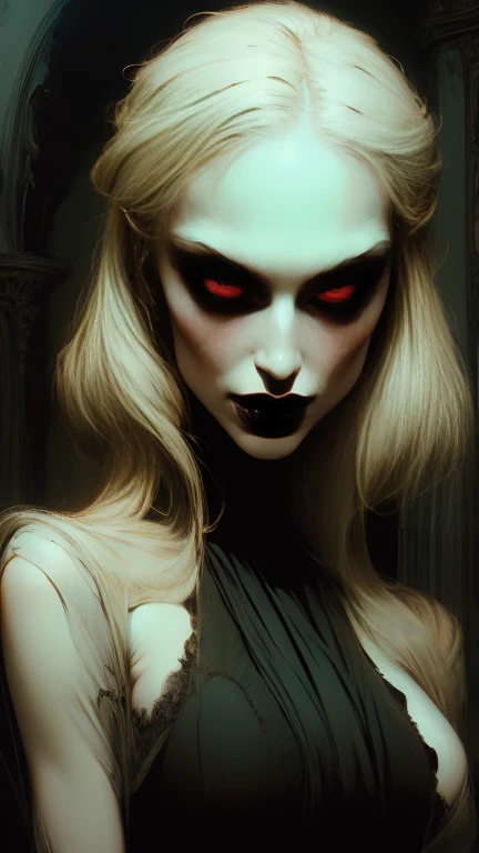 Vampire woman, sexy, seductive,  beautiful face , gothic face ,  sharp face  ,  delicate face  , Female face,  abundant white hair , Ojos rojos , delgado,  average breasts, elegant, ropa elegant,  full body , realistic look, sharp focus face  , realistic look texture,  Analog Style  ,  dim and changing lighting , atmospheric,