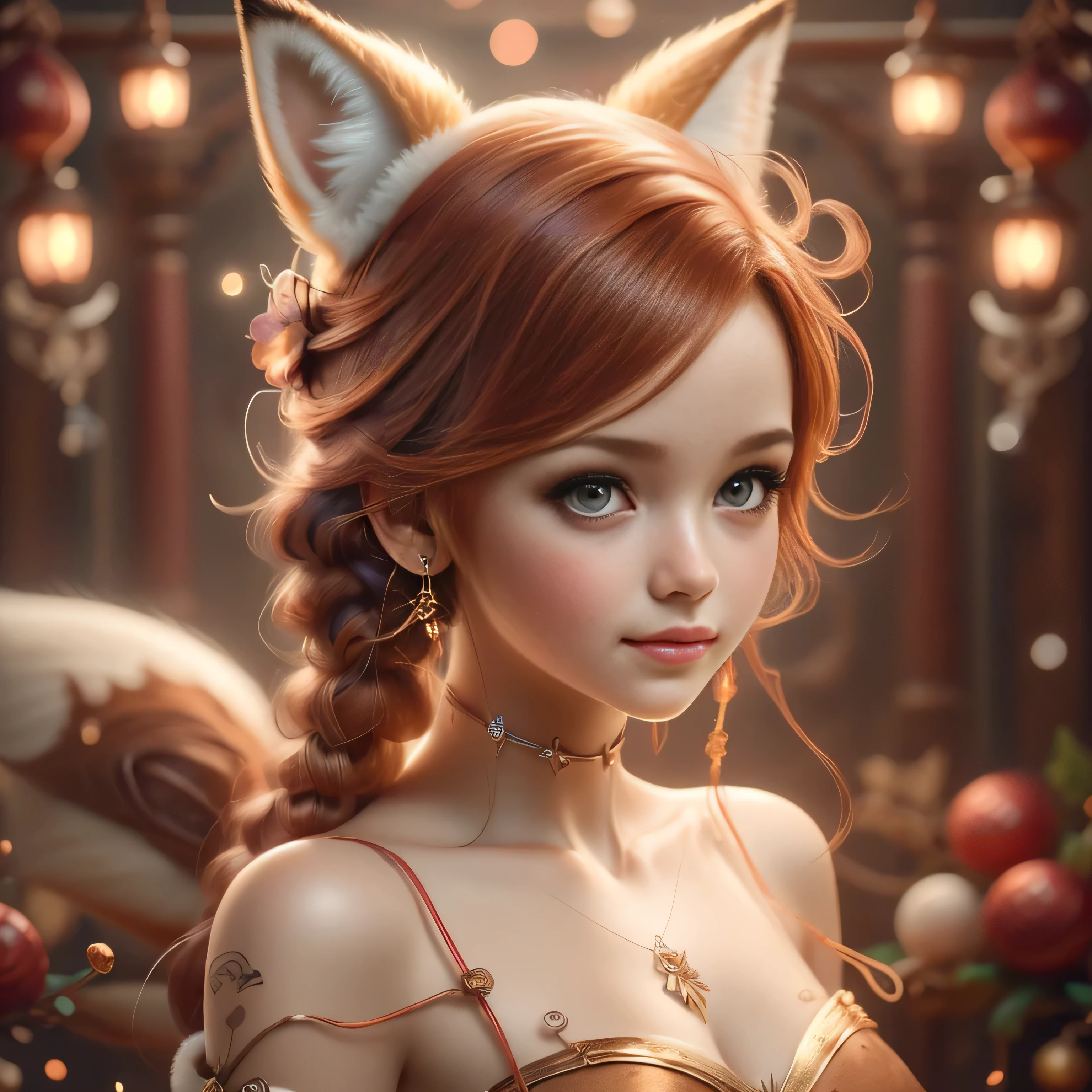 (Best Quality, Super Detail, Masterpiece, Representative Work, Official Art, Professional, Super Fine Detail, 8k:1.3), (Full Body) a doll with red hair and a fox ears, portrait of a goth foxgirl, dollpunk, artdoll, [ trending on cgsociety ]!!, beautiful young foxgirl, wlop loish and clamp style, cgsociety ), cgsociety - w 1 0 2 4 - n 8 - i, cgsociety 9, bjd, cgsociety, Cute girly face, red hair, ((brown)) eyes, 1 girl 25 years old, fox costume, fox tail, furry, girl in furry costume, Vivid colors, Red hair, Innocent expression, Playful features, Christmas background, Natural Lighting, Soft background, Photorealistic, Sparkling eyes, Sharp focus, Glowing skin, Cute and mischievous look, Hint of mischief, Dreamy atmosphere, Delicate details, Soft ambient light, (Backlight:1.3), (Cinematic:1.2), Intricate details, (ArtStation:1.3)