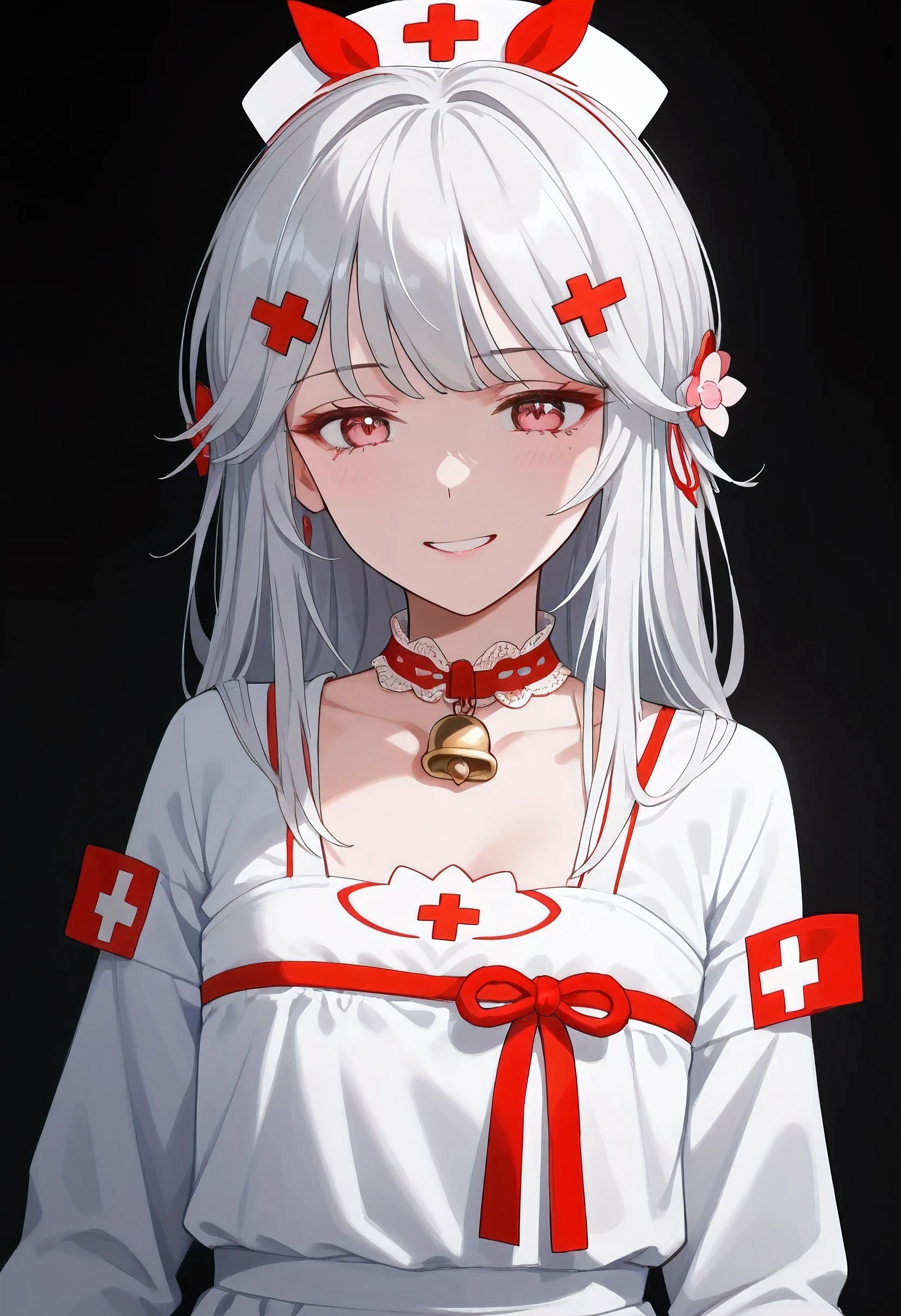 UN\(EOE\),one girl,solo,best quality, masterpiece,score_9, score_8_up, score_7_up, score_6_up, score_5_up, score_4_up ,,break,1girl,(dark background), (shaded Lighting),,break, incredibly_absurdres, ,very high resolution, very aesthetic,by famous artist, 8k, 16k,,beauty illustration,photoshop_(small),,(pink eyes:1.2),(white hair|Detailed hair|long hair|hairpin|tied up|updo|covered ears|short hair with long locks,),(orange and green nurse dress,frill collar,dot print apron,neck bell,long lace sleeves),(sleepy, depressed,smile,jitome),one mole under eye,intense angle, f/16, Canon,upper body