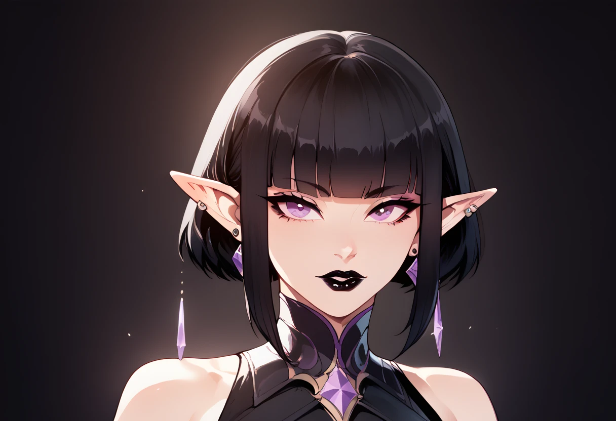 masterpiece, best quality, ultra-detailed, highres),black hair, purple eyes, short hair, blunt bangs, long pointy ears, black lipstick, ear piercing,