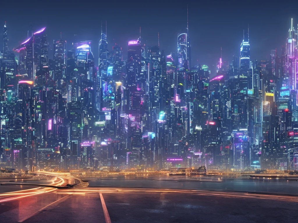 city streets in a technologically advanced world, in the style of Tokyo and Shan Hai Hong Kong and Singapore, with the aesthetics of a futuristic but peaceful city that you can see lights and flying cars, hologrammic screens and many LED colors that you see how cars are driving through the streets with a point of view of space to cover most of the space of this city but without seeing it far away with a cyberpunk style anime with flying cars and skyscrapers