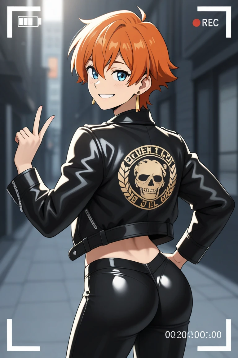  An adult guy stands backwards .  He is wearing a black leather jacket .   shows a hand gesture .  The face turned into the camera looks proudly and confidently, Smiles clearly .  The hair should be styled and an earring on one ear .   The art should be from head to buttocks .  anime style 