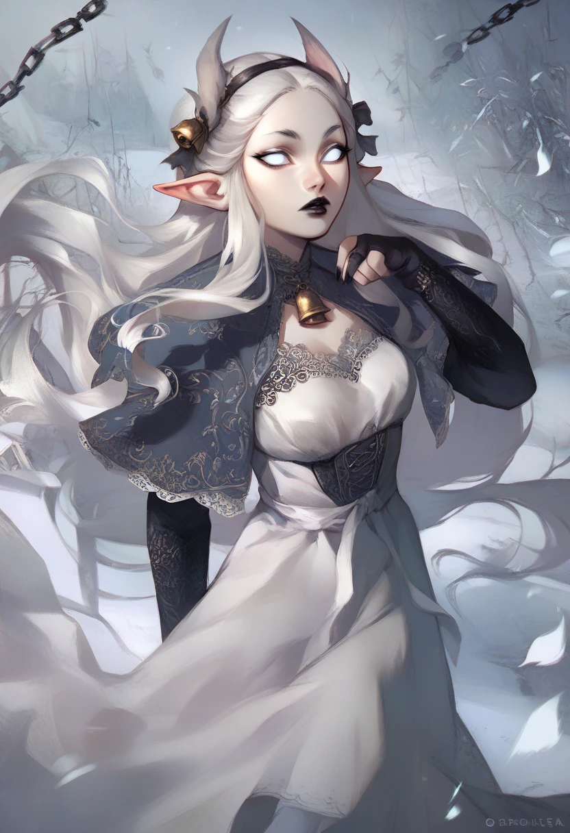 masterpiece, elf woman, solo,young, pale, (very long hair), very straight hair, white hair, black lipstick, white eyes, (white velvet lace dress), black eyebrows, in a snow dead cemetery garden, cute, closeup, expressionless, (long horns), evil, dynamic pose, big silver chains around, bells, big boobs