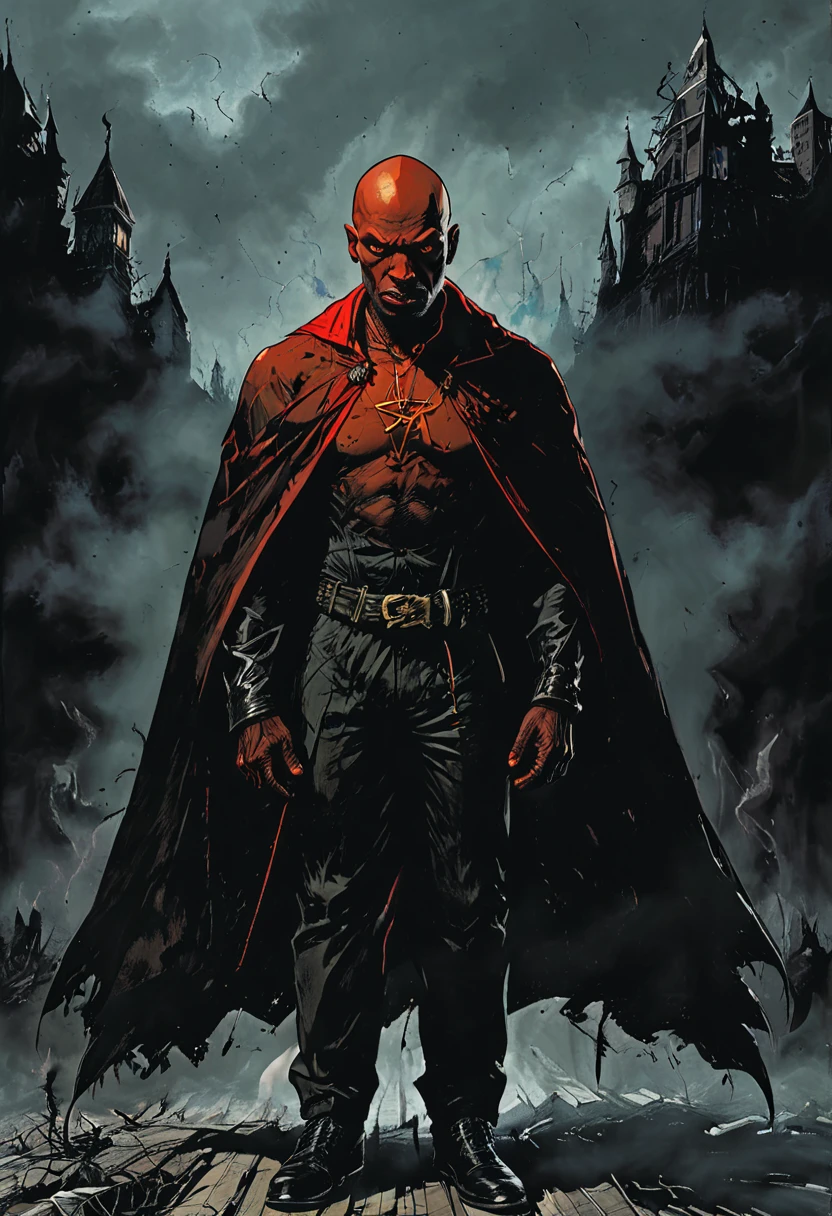 bald devilish black man at the crossroads with red cape
