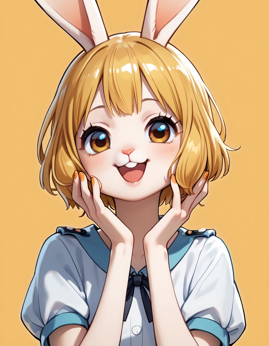 score_9, score_8, score_7, SirocStyle, 1girl, Oppi Carrot , blonde hair , Short hair beside the uniform , in , White fur, , happy , cute, rabbit ears, Small nails ,