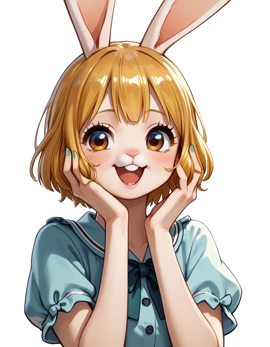 score_9, score_8, score_7, SirocStyle, 1girl, Oppi Carrot , blonde hair , Short hair beside the uniform , in , White fur, , happy , cute, rabbit ears, Small nails ,