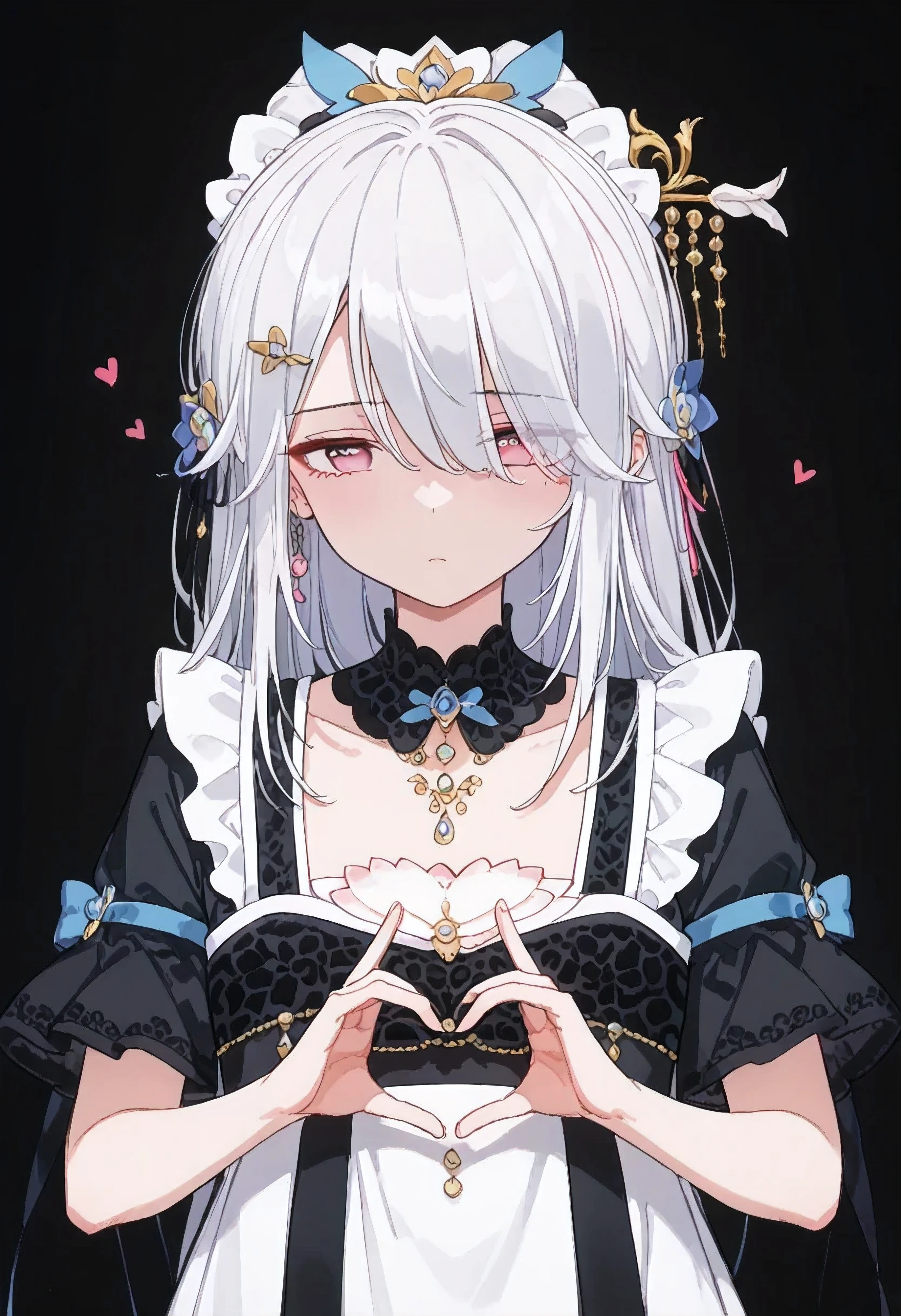 UN\(EOE\),one girl,solo,best quality, masterpiece,score_9, score_8_up, score_7_up, score_6_up, score_5_up, score_4_up ,,break,1girl,(dark background), (shaded Lighting),,break, incredibly_absurdres, ,very high resolution, very aesthetic,by famous artist, 8k, 16k,,beauty illustration,photoshop_(small),,(pink eyes:1.2,looking outside),(white hair|Detailed hair|long hair|hairpin|hair tidy up|knot top),(white maid dress),(sleepy, depressed,emotionless,jitome),dilated pupils, empty eyes,one mole under eye,hair over one eye,intense angle, f/16, Canon,upper body,(
heart hands, 4-Finger Heart Hands,)