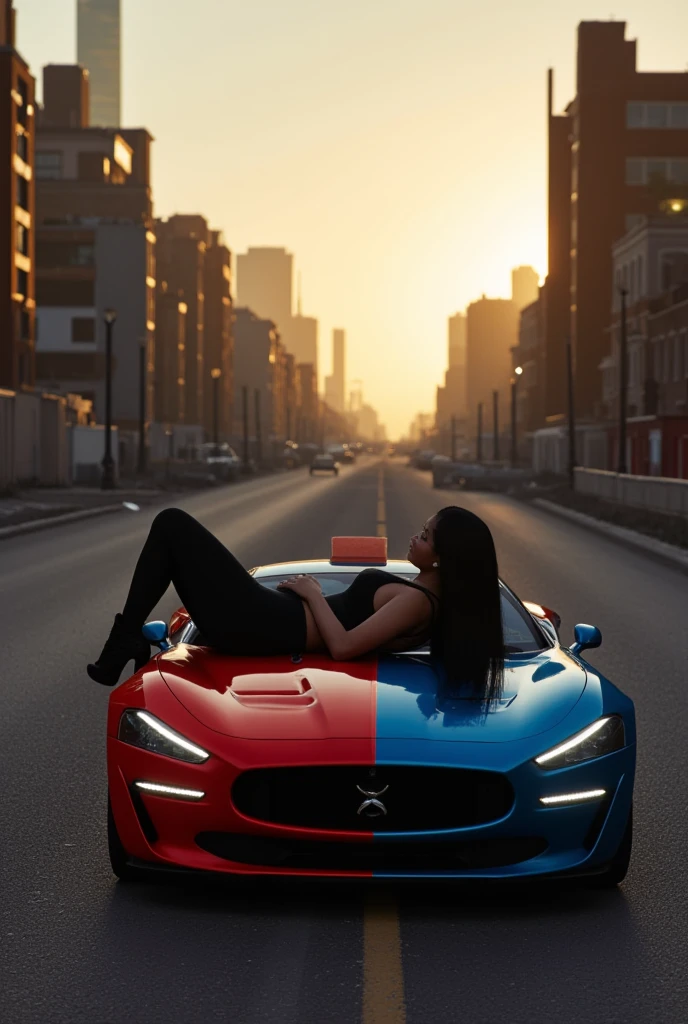 A cinematic photo of (Nicki Minaj) with long black hair wearing a black high-neck dress laying on a red and blue hypercar, as she strides confidently through a desolate, dark post-apocalyptic cityscape, capturing the stark juxtaposition of beauty and decay, with the model's flawless skin glowing like a beacon of hope amidst the ravaged urban landscape. photographed with a shallow depth of field to blur the bleak surroundings, emphasizing her striking, rebellious pose and hourglass body. full body, golden hour. She's looking back at the camera. Back view.