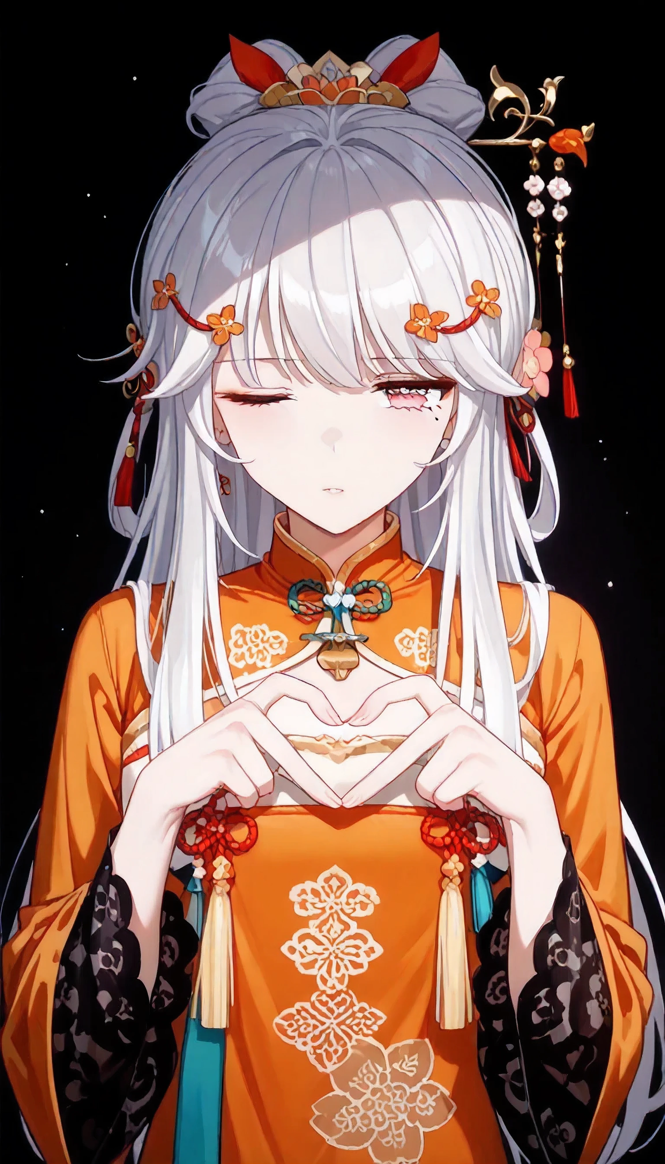 UN\(EOE\),one girl,solo,best quality, masterpiece,score_9, score_8_up, score_7_up, score_6_up, score_5_up, score_4_up ,,break,1girl,(dark background), (shaded Lighting),,break, incredibly_absurdres, ,very high resolution, very aesthetic,by famous artist, 8k, 16k,,beauty illustration,photoshop_(small),,(pink eyes:1.2,closed one eye),(white hair|Detailed hair|long hair|hairpin|tied up|updo|covered ears|long hair with long locks,),(orange qipao,frill collar,neck bell,long lace sleeves),(sleepy,jitome,emotionless),one mole under eye,intense angle, f/16, Canon,upper body,(heart fingers, heart hands,)