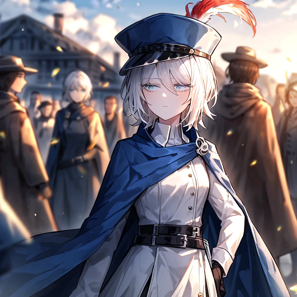 white hair,gloves,faust \(project moon\),black gloves,blue eyes,multiple girls,blue cape,shirt,hat,white shirt,A rapier on his belt,plume,short hair,expressionless,multiple boys,collared shirt,solo focus,long sleeves,cape,outdoors,2girls,closed mouth,sky,blue headwear,coat,multiple others,open mouth, ultra detailed, rapier in her hip