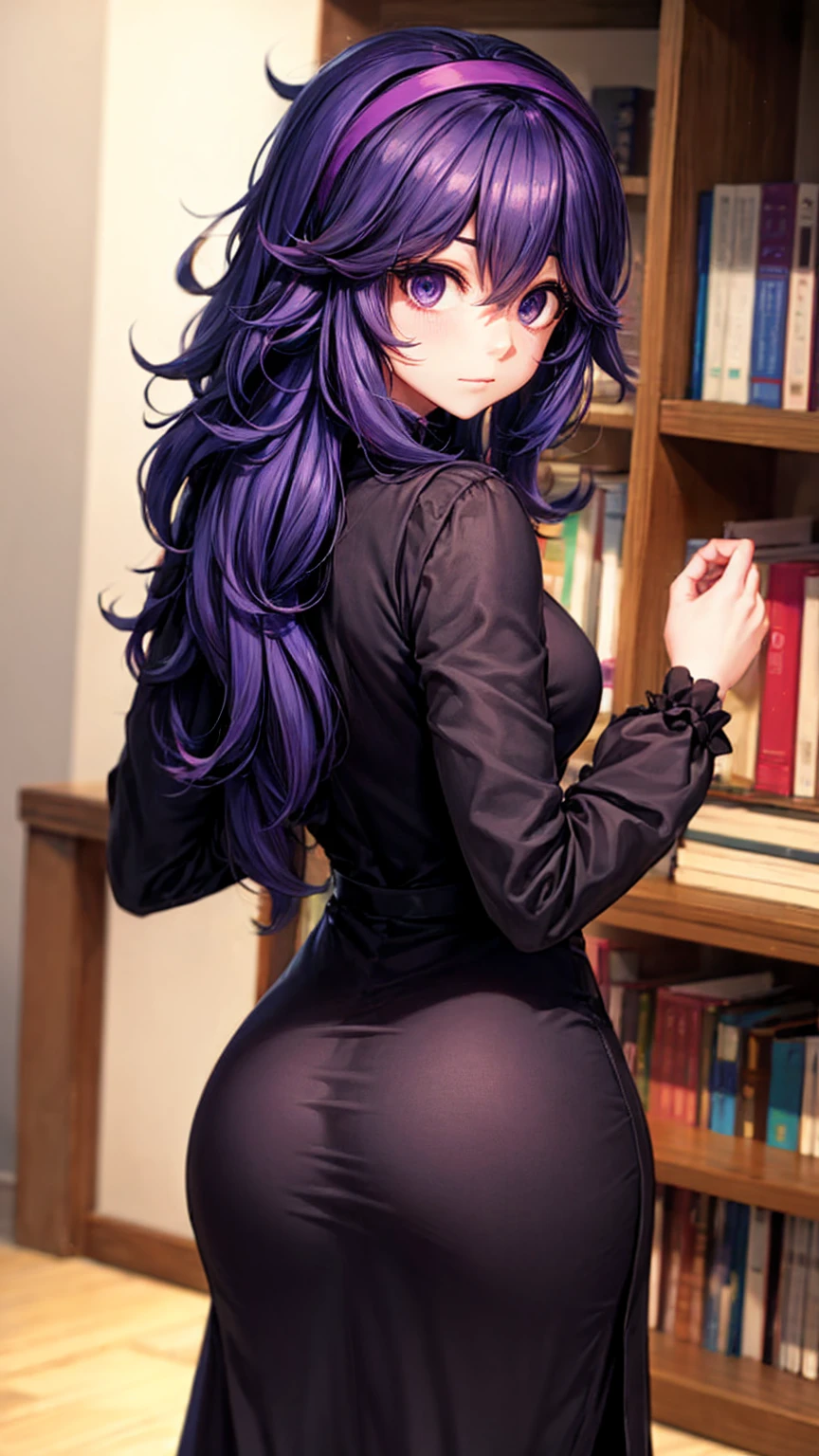  hex maniac,  headband,  messy hair,  purple eyes, Purple Hair, purple  headband, @ @,
black  dress,  dress, long  dress,  Long Sleeve ,  Juliet sleeve,
indoor, library,  bend your back,
 viewers,  cowboy shot,  Dutch angle to the side,