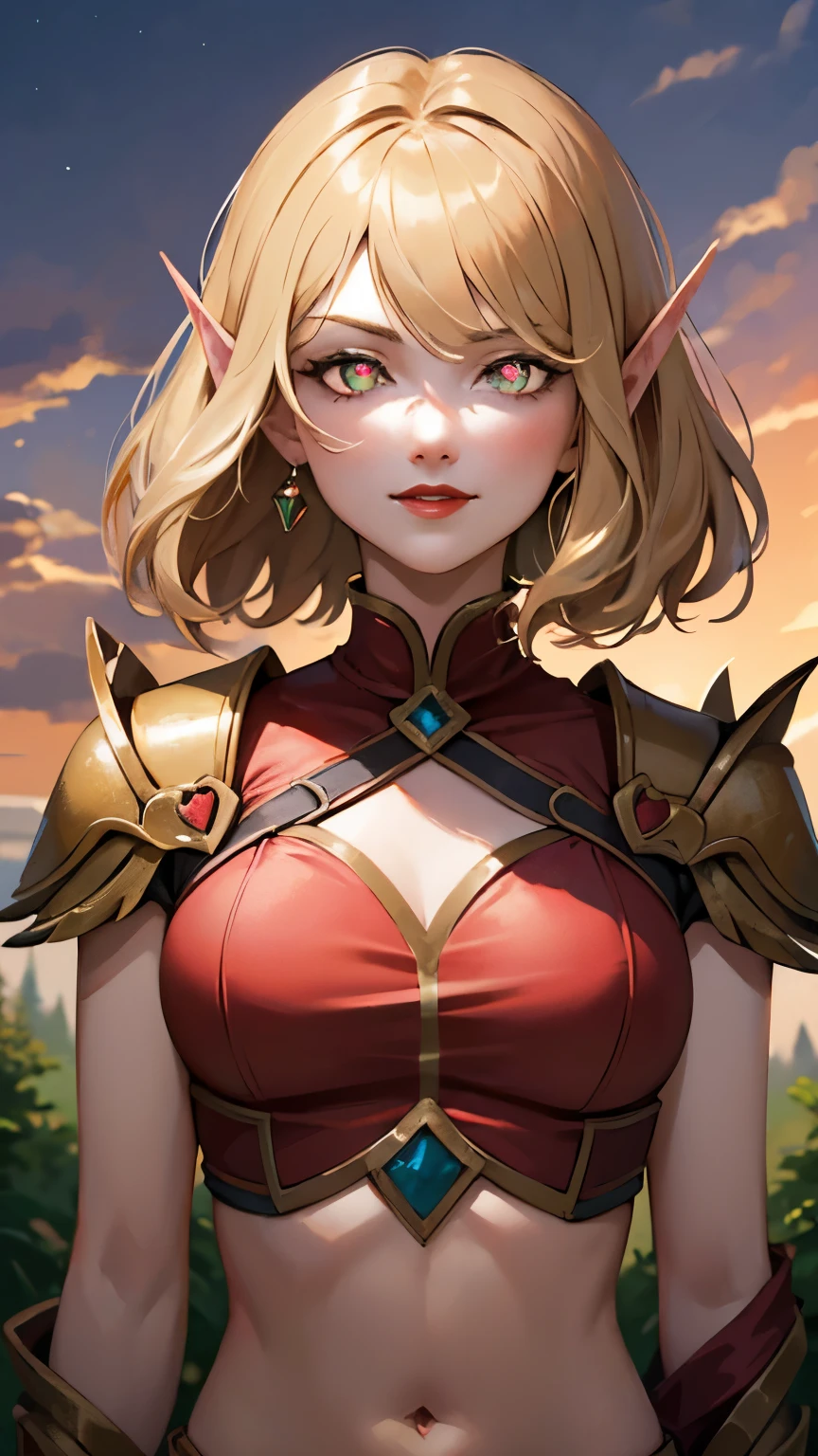 (8K, highest quality, masterpiece:1.2), High resolution, masterpiece, break, beautiful woman, beautifully mouth, highly eyes and face, beautiful fine eyes, upper body, slim body, 20 years old girl, (1girl, short hair, pointy ears, smirk, lustful eyes, red lips) (digital) (Looking at viewer), (Forest background)), best quality, blonde hair, red shoulderpads, black sleeves:1.2, red shirt:1.2, cloth shirt, green eyes, pink heart shaped pupils:1.3, heart-shaped_pupil:1.2, gold trim on shoulderpads, crop top, navel, bloodelf, anime