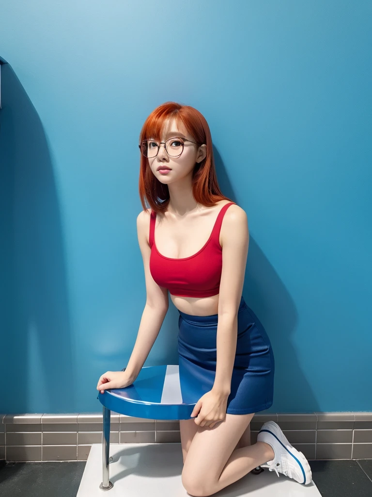 Mei Li, Red hair, brown eyes, Tilt of the head, thin-rimmed glasses, blue miniskirt, crop top, bare shoulders, 1 girl, stands alone, stares intently at the viewer, the whole body, without flaws, shiny skin, high-platform shoes, Thick hips