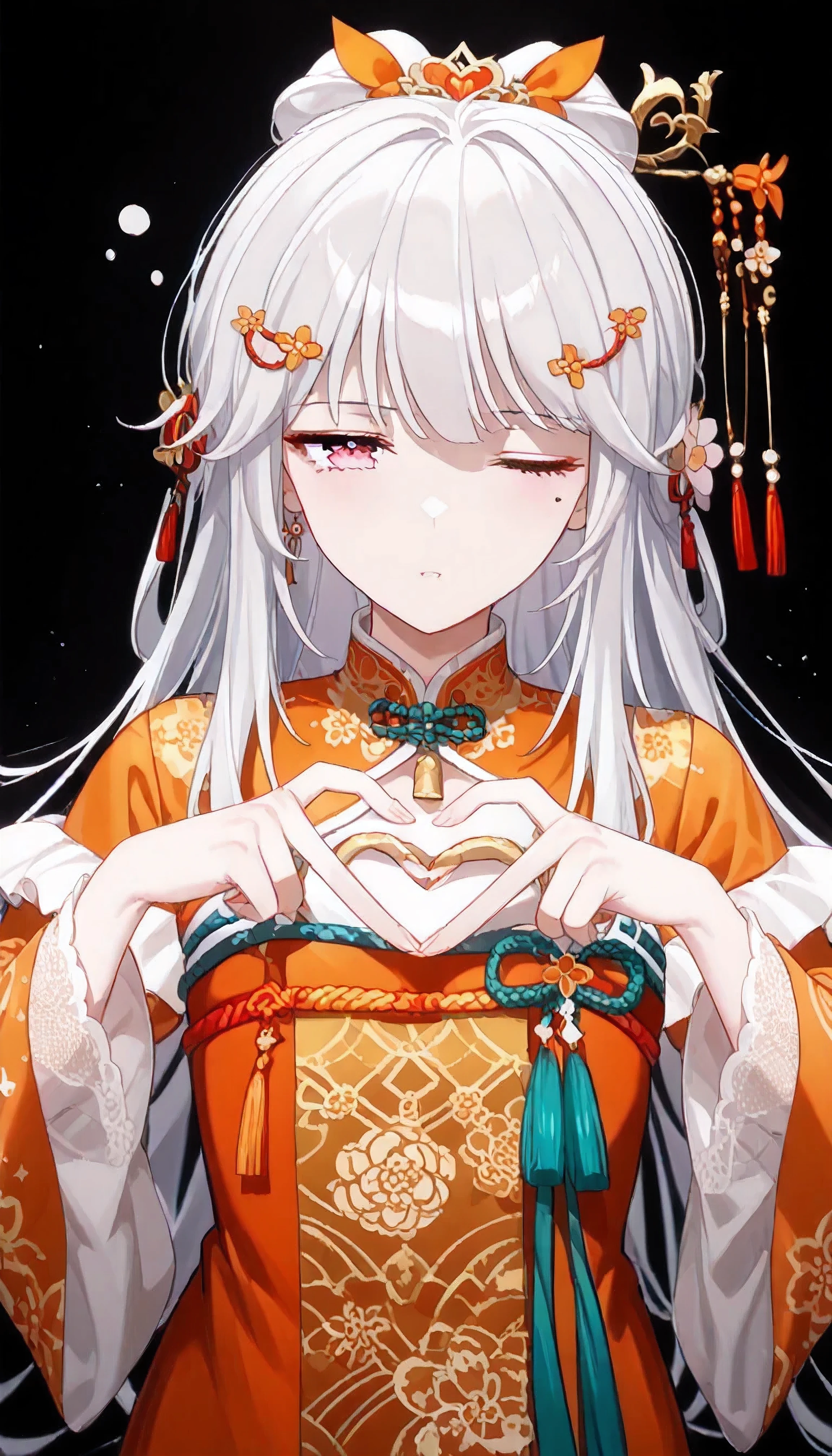 UN\(EOE\),one girl,solo,best quality, masterpiece,score_9, score_8_up, score_7_up, score_6_up, score_5_up, score_4_up ,,break,1girl,(dark background), (shaded Lighting),,break, incredibly_absurdres, ,very high resolution, very aesthetic,by famous artist, 8k, 16k,,beauty illustration,photoshop_(small),,(pink eyes:1.2,closed one eye),(white hair|Detailed hair|long hair|hairpin|tied up|updo|covered ears|long hair with long locks,),(orange qipao,frill collar,neck bell,long lace sleeves),(sleepy,jitome,emotionless),one mole under eye,intense angle, f/16, Canon,upper body,(heart fingers, heart hands,)