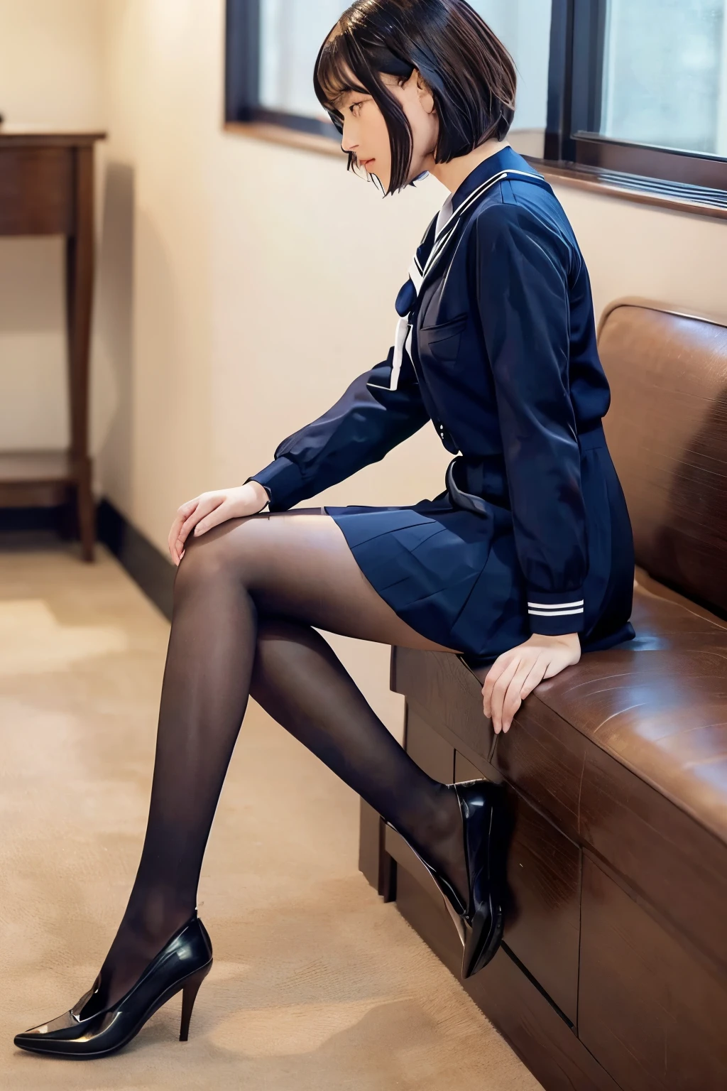 navy blue sailor suit for 、 Japanese high school girl、 high school uniform 、 miniskirt、 pleated skirt、 length short skirt 、( wavy hair:1.2)、 Medium Bob Cut 、 dark eyes、 cute、 beauty、、(A plump body,Medium)、 beautiful body line、 beautiful hip line 、 emphasizes hip line、 black tights 、 black tights、20 denier tights 、Sheer tights、 beautiful legs、 brown loafers、 full body photo、Photograph the whole body、 Photorealistic 、 shot from the side、 Side View Composition、( anatomically correct body structure:1.3)、(Properly structured fingertips 、 pretty fingers:1.3)