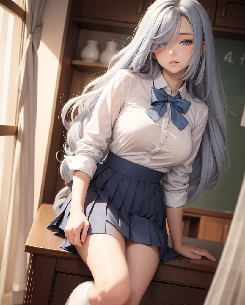  a beautiful girl ,   Blue eyes  ,    bright eyes  ,  ,closed lips    ,   long hair,   High resolution, breasts, camisa blanca, pleated skirt, blue bowtie ,    school uniform , sexy legs  , socks, Alone,  wavy hair, sensual body