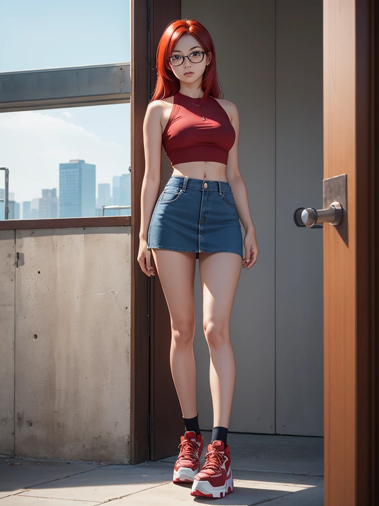 Mei Li, Red hair, brown eyes, Tilt of the head, thin-rimmed glasses, blue miniskirt, crop top, bare shoulders, 1 girl, stands alone, stares intently at the viewer, the whole body, without flaws, shiny skin, high-platform shoes, Thick hips