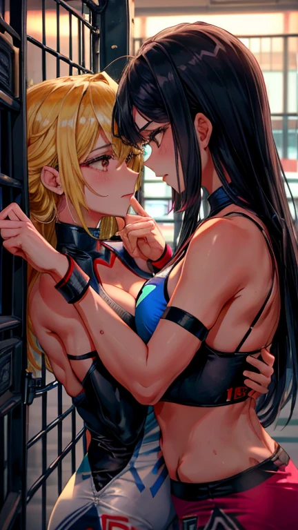  2 women hugging each other in an MMA cage, wearing Sensual MMA clothes, On a hot summer day , Sensual:1,5, yuri, lesbians, nsfw, lewd:1,5, strong:1,2, Perfect hands with 5 fingers,  perfect arms,  perfect anatomy , Struggle Gang on MMA