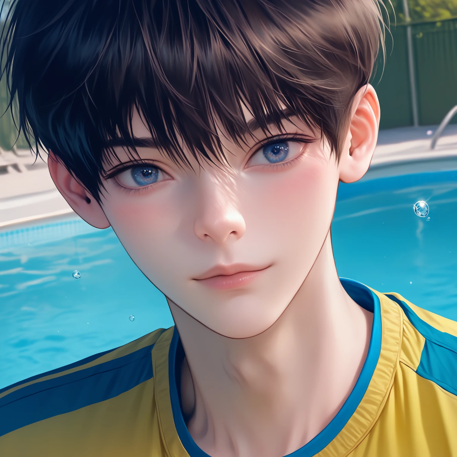 score_9,score_8_up,score_7_up,best quality,realistic,realistic, young boy, short black hair,scraped style, blue colored eyes, beautiful nose , beautiful. Russian style. Wearing blue and yellow swim trunks, Body cute, lean defined Coming out of an Olympic pool.