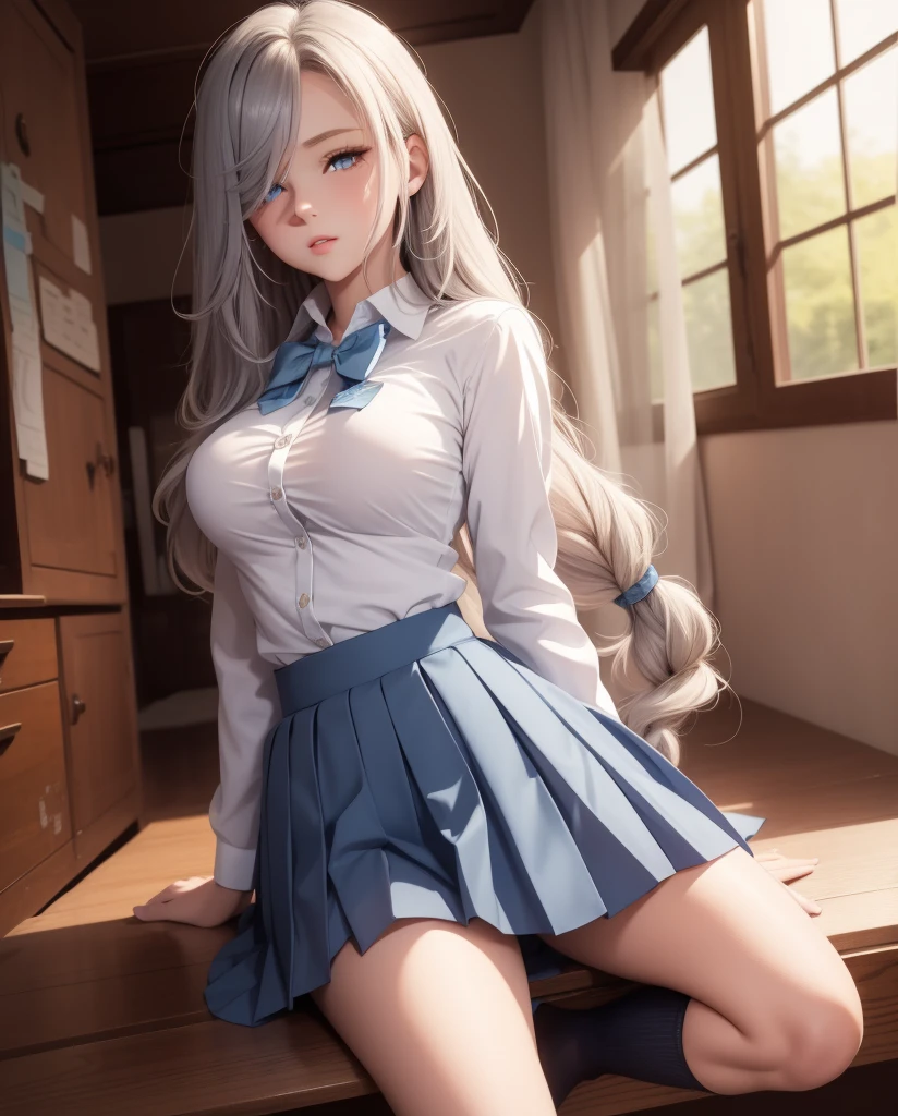  a beautiful girl ,   Blue eyes  ,    bright eyes  ,  ,closed lips    ,   long hair,   High resolution, breasts, camisa blanca, pleated skirt, blue bowtie ,    school uniform , sexy legs  , socks, Alone,  wavy hair, sensual body