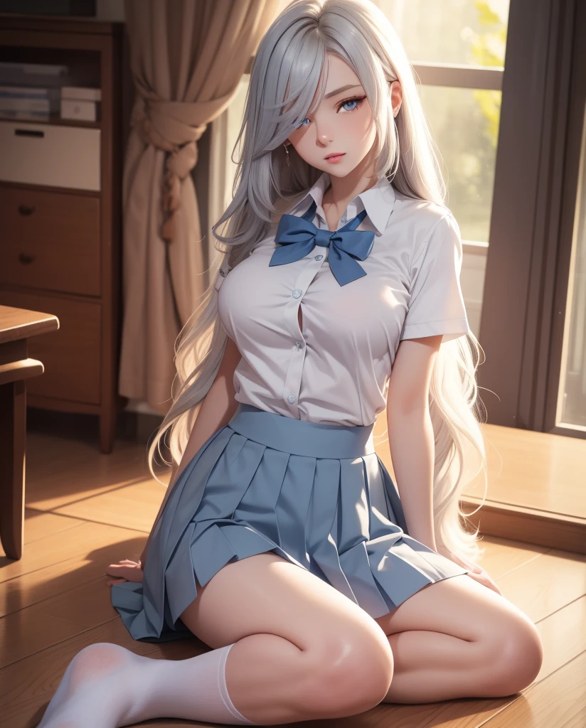  a beautiful girl ,   Blue eyes  ,    bright eyes  ,  ,closed lips    ,   long hair,   High resolution, breasts, camisa blanca, pleated skirt, blue bowtie ,    school uniform , sexy legs  , socks, Alone,  wavy hair, sensual body