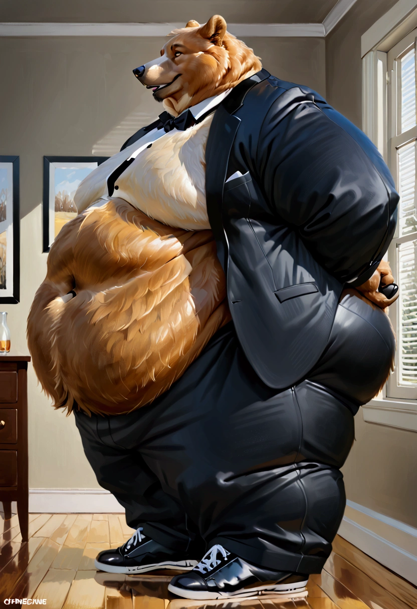 Single one-headed Very Extremely Morbidly-Obese Bear standing on two legs with unbelievably Very very very Extremely Massive Overhang white Belly, wears shoes, wears Full tuxedo Suit, massive belly, morning stretch, realistic proportions, wears full black pants, belly fills whole room, side view, arms behind his back.