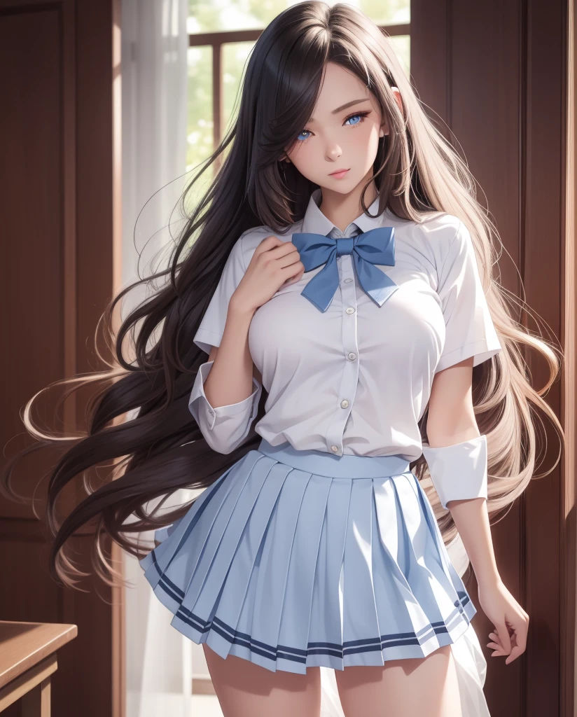  a beautiful girl ,   Blue eyes  ,    bright eyes  ,  ,closed lips    ,   long hair,   High resolution, breasts, camisa blanca, pleated skirt, blue bowtie ,    school uniform , sexy legs  , socks, Alone,  wavy hair, sensual body