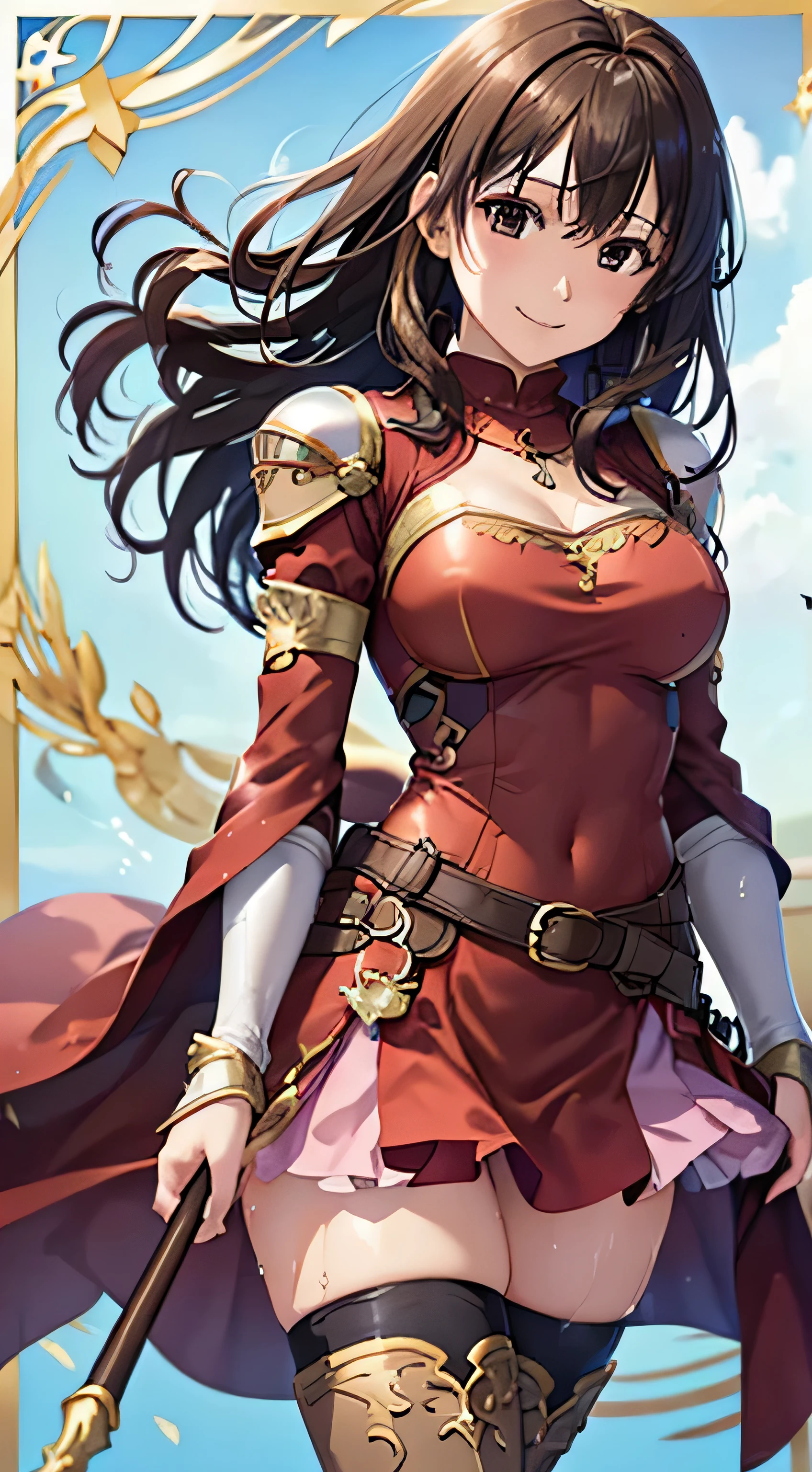 (( ,  top quality,  ,     Pixel Perfect , 4K,))),   1 Woman  , 、 ((   medium wave hair    、,    light brown hair 、 )), ((    brown eyes  ,     beautiful eyelashes ,    realistic    eyes)), ((     detailed face     , )), ((    smooth texture:0.75,    realistic    texture:0.65,    realistic   :1.1,     anime CG style)),    pose using medium bust  ,     dynamic angle ,     perfect body , (( , ,, , , ,  wet red dress   ,   red long flared skirt ,Gold Shoulder Armor  、  knee-high boots  ,   gold and black arm guards , belt、 、)),  ((( with no sense of incongruity ,   hold the skirt with your hand)))、 cross necklace 、 the wind is blowing  、 ( Vast Prairie )、I can see the sea in the distance 、、、 、 cute smile、(Bright Red Shy Smile )  、 Stick Out Your Butt、、、、 pink lace panties ) 、 lean forward、 angle from below