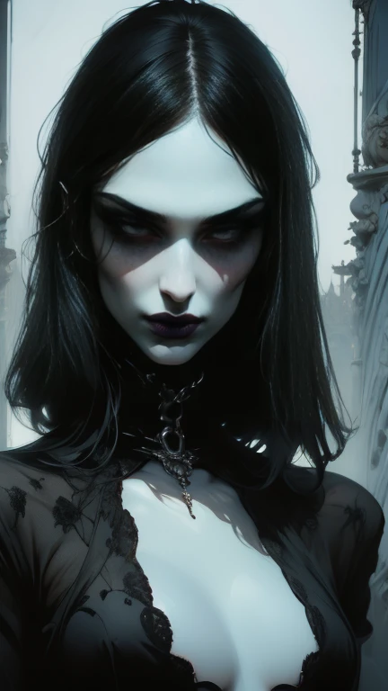  full body . Vampire woman, sexy, seductive,  beautiful face , gothic face ,  sharp face  ,  delicate face  , Female face, Abundant black hair , Ojos rojos , delgado,  average breasts, elegant, ropa elegant,  full body , realistic look, sharp focus face  , realistic look texture,  Analog Style  ,  dim and changing lighting , atmospheric,