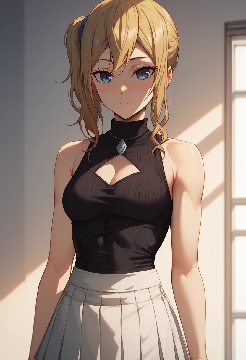 Hayasaka Ai, black Pure Shredded Desire Sweater, sleeveless, through leotard, Skirt, cutout at the bottom of the chest, medium breasts 