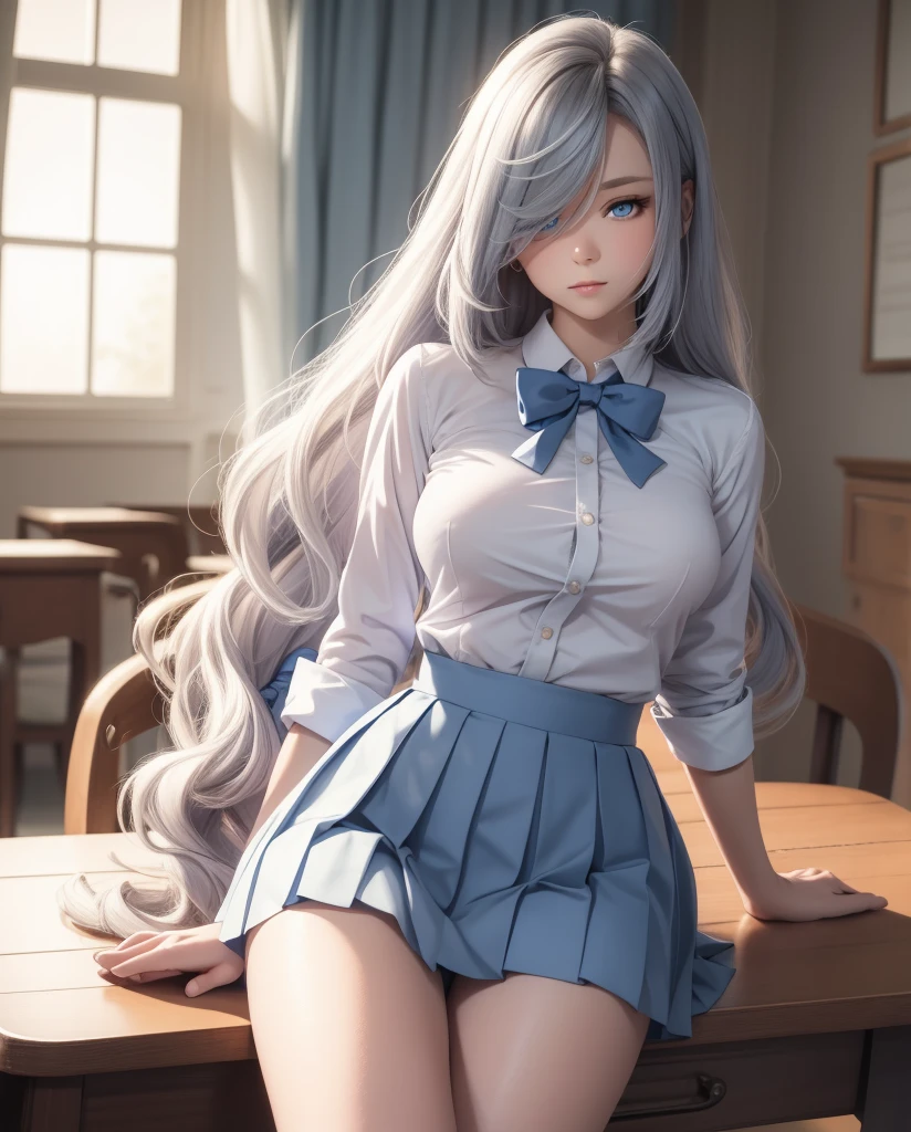  a beautiful girl ,   Blue eyes  ,    bright eyes  ,  ,closed lips    ,   long hair,   High resolution, breasts, camisa blanca, pleated skirt, blue bowtie ,    school uniform , sexy legs  , socks, Alone,  wavy hair, sensual body